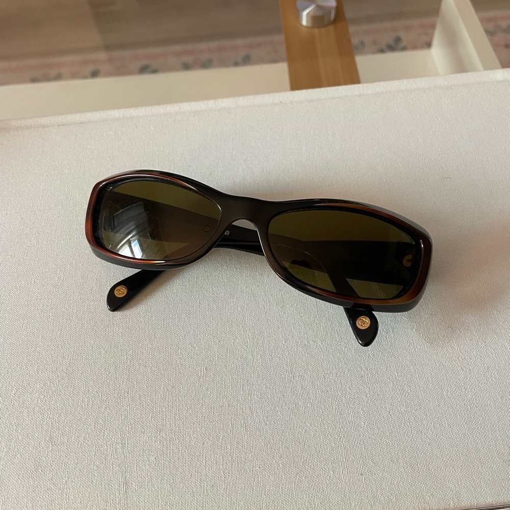 CHANEL 5095-B Black and Brown Rectangular Sunglasses with Gold Accents